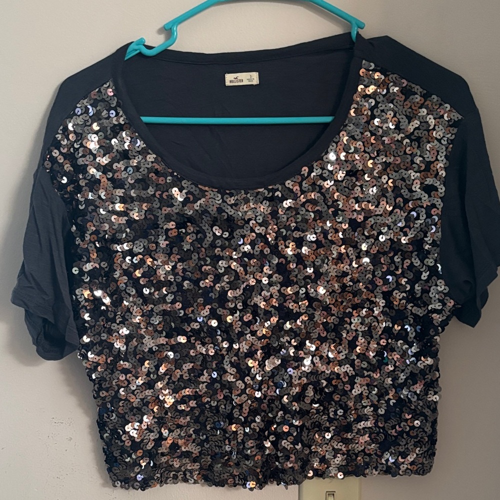 Hollister Dark gray and Silver Sequin Short Sleeve Top